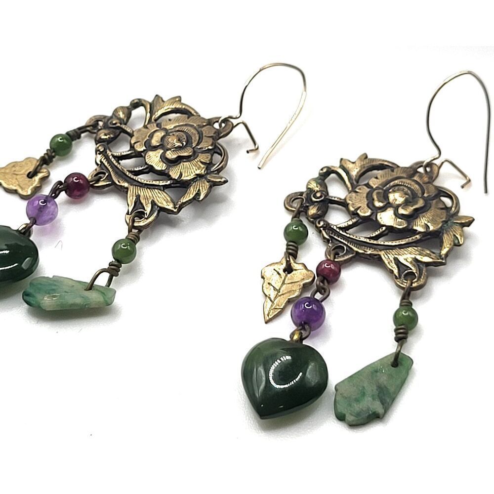 Vintage Jade Amethyst Brass Dangle Drop Rose Earrings 2.25in